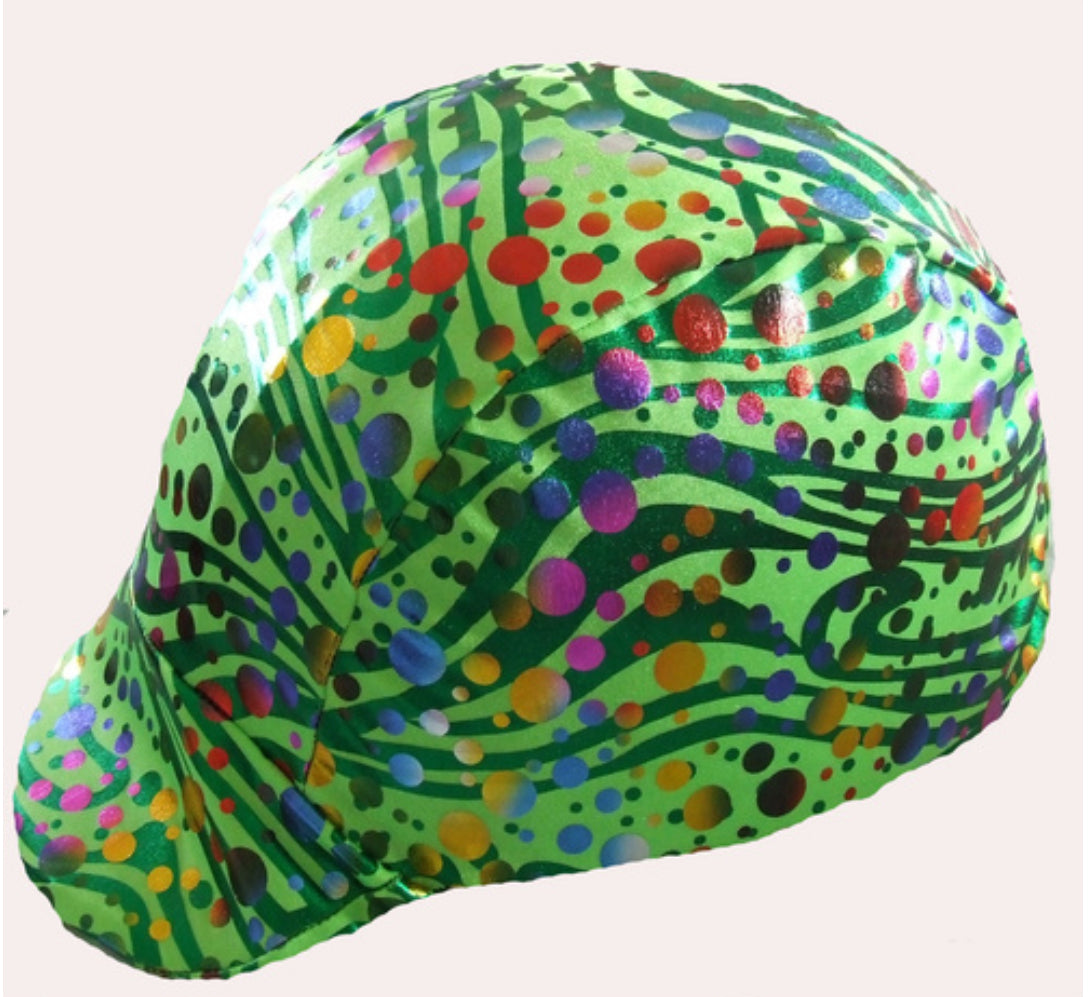 Ecotak Lycra Helmet Cover - Green with metallic lines & dots