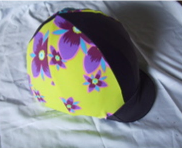 Ecotak Lycra Helmet Cover - plum & lime with purple flowers