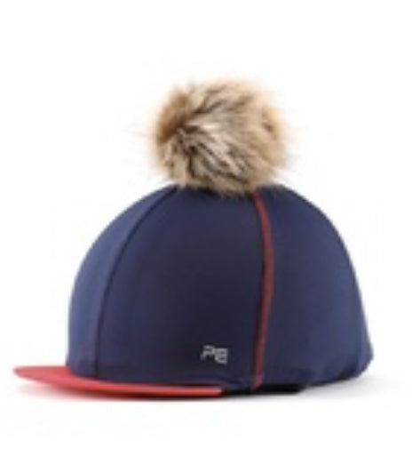 Premier Equine PEI Jersey Hat Silk/helmet cover with faux fur pom pom navy/red